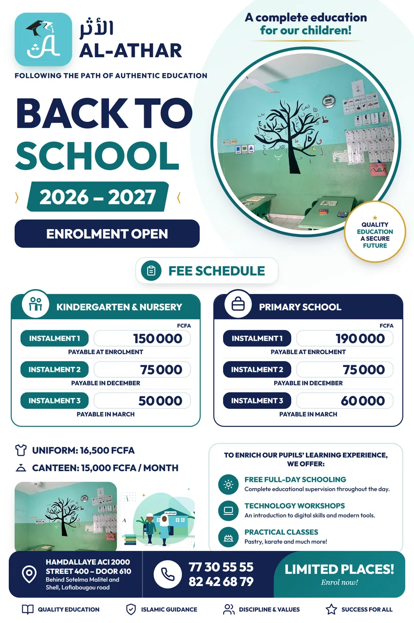 2026–2027 back-to-school poster: enrolment open, fee schedule, services and contact details