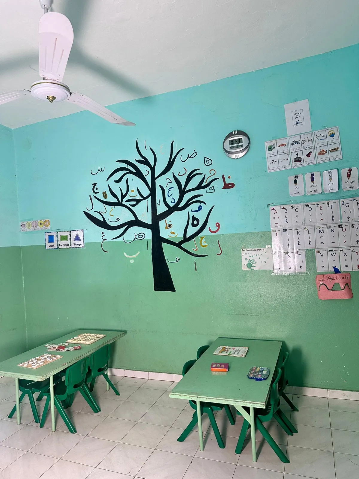 Salle de classe lumineuse : arbre de l'alphabet arabe, affiches des couleurs et des moyens de transport en arabe, alphabet français