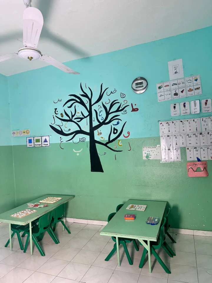 Salle de classe lumineuse : arbre de l'alphabet arabe, affiches des couleurs et des moyens de transport en arabe, alphabet français